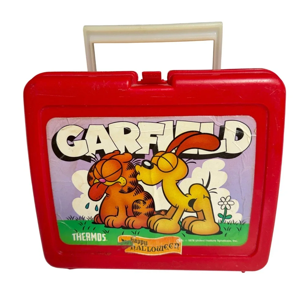 Vintage 1978 Garfield and Odie Thermos Red Plastic Lunch Box Happy Halloween
